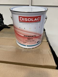 A PALLET OF DISOLAC INDUSTRIAL COATINGS PRIMANYL 5011 4L AND PAS 514 RED VIOLET