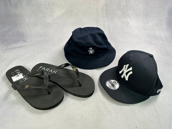 Farah Classic Flip Flops Size UK 9, Penguin Bucket Hat With Tag And New York Yankees Cap Size M/L (VAT ONLY PAYABLE ON BUYERS PREMIUM)