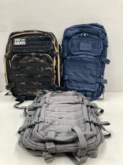 3 X BACKPACKS OF VARIOUS MAKES AND MODELS INCLUDING MIL-TEC NAVY BLUE BACKPACK - LOCATION 22B.