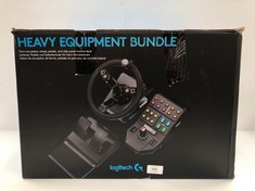 LOGITECH G SAITEK HEAVY EQUIPMENT PACKAGE, 900 DEGREE STEERING WHEEL, +38 ASSIGNABLE BUTTONS, TWO ANALOG STICKS, USB, PC/MAC - BLACK (POWER CABLE MISSING) - LOCATION 5C.