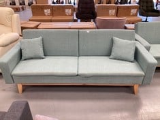 TURQUOISE SOFA BED WITH TWO CUSHIONS (BROKEN IN SEAT).