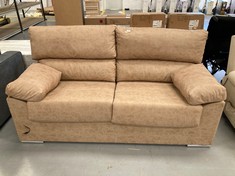 SAND-COLOURED TWO-SEATER ARMCHAIR (BROKEN IN SEVERAL AREAS).