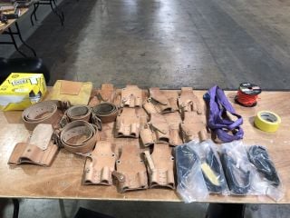 TRAY OF HEAVY DUTY LEATHER BELTS AND TOOL HOLSTERS LIFTING STRAPS AND BOX OF TACK CLOTHS