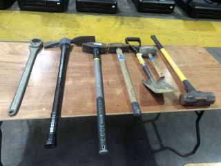 ASSORTMENT OF HAND TOOLS TO INCLUDE SLEDGEHAMMERS SHOVEL PICKAXE