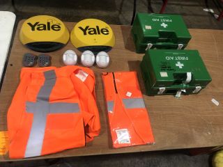 2X FIRST AID BOXES X2 YALE EXTERNAL LIVE SIREN AND REMOTES 3X YALE PIR SENSORS X2 ORANGE HI-VIS VESTS