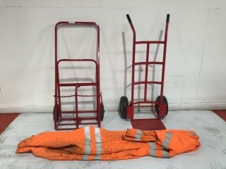 1X RED SACK TROLLEY 1X RED CYLINDER TROLLEY 1X BALLYCLARE 3XL ORANGE HI-VIS OVERALLS