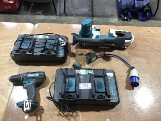 X2 MAKITA DC18RD TWIN PORT BATTERY CHARGER X1 MAKITA DPB182 CORDLESS BANDSAW RRP £220 AND 1 X MAKITA DHP482 COMBI DRILL