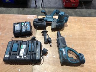 1X MAKITA DC18RD DUAL BATTERY CHARGER 1X MAKITA DC18RC T SINGLE BATTERY CHARGER 1X MAKITA DHR202 CORDLESS HAMMER DRILL 1X MAKITA DPB181 CORDLESS BANDSAW