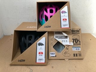 3 X ASSORTED HARD CYCLING HELMETS IN VARIOUS DESIGNS & SIZES TO INCLUDE LAZER J1 MATTE PURPLE - UK SIZE SMALL: LOCATION - H14