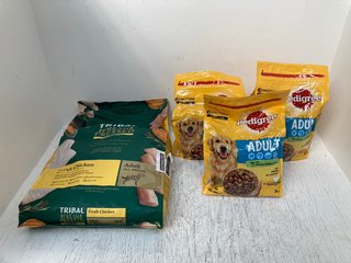 4 X ASSORTED PET FOOD ITEMS TO INCLUDE PEDIGREE 3KG ADULT DOG FOOD BAGS - BBE 25/05/25: LOCATION - H16