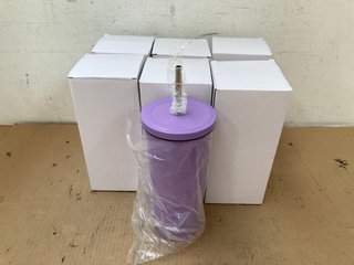 7 X METAL PURPLE DRINKS CONTAINERS WITH METAL STRAWS: LOCATION - E14