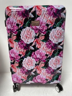 BEBE FLORAL HARDCASE 4 WHEEL SUITCASE IN PINK SIZE LARGE: LOCATION - I14