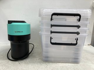 4 X SMALL PLASTIC STORAGE BOXES TO INCLUDE NESPRESSO VERTUO POP COFFEE MACHINE: LOCATION - I5