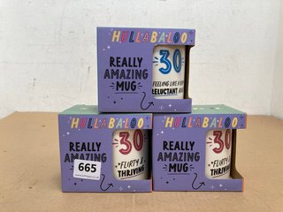 3 X HULLABALOO '30 FLIRTY & THRIVING' MUGS IN WHITE: LOCATION - I2