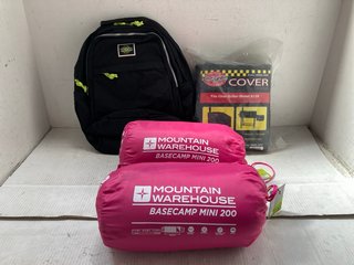 QTY OF CAMPING ITEMS TO INCLUDE MOUNTAIN WAREHOUSE BASECAMP 200 MINI SLEEPING BAG IN BRIGHT PINK: LOCATION - J4