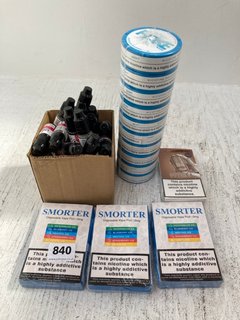 QTY OF ASSORTED VAPE & SMOKING ITEMS TO INCLUDE LIQUID TRIPLE MENTHOL 3MG 10ML VAPE JUICE (PLEASE NOTE: 18+YEARS ONLY. ID MAY BE REQUIRED): LOCATION - EO