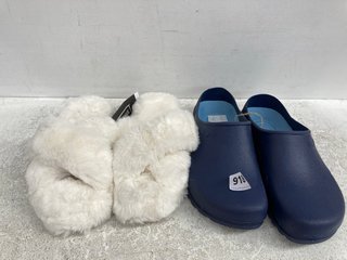 CROC STYLE MENS SHOES IN NAVY - UK SIZE 10 TO INCLUDE FAUX FUR SLIPPERS IN WHITE - UK SIZE 7: LOCATION - H8