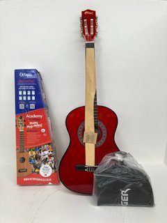 3 X ASSORTED MUSICAL ITEMS TO INCLUDE TIGER CHILDRENS 1/2 SIZE CLASSICAL GUITAR PACKAGE IN RED AND OCTOPUS UKULELE IN BLUE: LOCATION - WA9