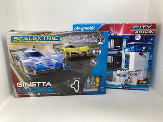 SCALEXTRIC GINETTA RACERS SET TO INCLUDE PLAYMOBIL 6872 CITY ACTION SET - COMBINED RRP: £209.98: LOCATION - WA10