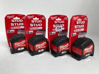 4 X MILWAUKEE STUD MAGNETIC 8M TAPE MEASURES: LOCATION - WA11