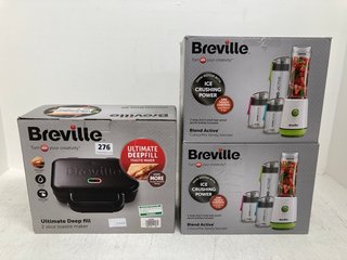 3 X BREVILLE ITEMS TO INCLUDE ULTIMATE DEEP FILL 2 SLICE TOASTIE MAKER AND BLEND ACTIVE COLOUR MIX FAMILY BLENDER: LOCATION - A16