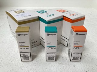 3 X BOXES OF ATOM VAPE LIQUIDS IN VARIOUS FLAVOURS TO INCLUDE GOLDEN VGA (PLEASE NOTE: 18+YEARS ONLY. ID MAY BE REQUIRED): LOCATION - A15