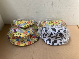 QTY OF SMILEY FACE BUCKET HATS IN MULTI TO ALSO INCLUDE QTY OF ANIMAL PRINT BUCKET HATS IN BLACK/WHITE: LOCATION - A7