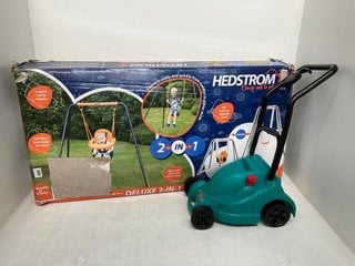 HEDSTROM DELUXE 2 IN 1 SWING TO ALSO INCLUDE BOSCH CHILDRENS LAWN MOWER: LOCATION - A3