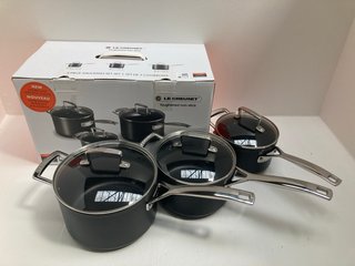 LE CREUSET 3 PIECE SAUCEPAN SET IN STAINLESS STEEL - RRP £319.99: LOCATION - A1