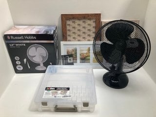 QTY OF ASSORTED HOUSEHOLD ITEMS TO INCLUDE RUSSELL HOBBS 12" DESK FAN IN WHITE: LOCATION - A1