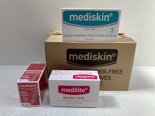 BOX OF MEDISKIN LATEX POWDER FREE EXAMINATION GLOVES IN SIZE S TO ALSO INCLUDE BOX OF MEDILITE PAPER TAPE & BOX OF MEDICARE FABRIC PLASTERS: LOCATION - B8