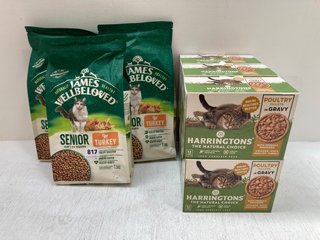 3 X PACKS OF JAMES WELLBELOVED SENIOR 1.5KG TURKEY CAT BISCUITS - BBE 17/9/25 TO ALSO INCLUDE 6 X BOXES OF HARRINGTONS THE NATURAL CHOICE POULTRY FILLETS IN GRAVY FOR CATS - BBE 9/25: LOCATION - B10