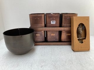 2 X SETS OF 3 COPPER HERB CANISTERS TO ALSO INCLUDE HARE CAST IRON DOOR KNOCKER & INDOOR MAYFAIR MOCHA HANGING PLANTER: LOCATION - C17