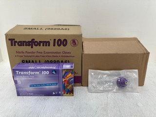 BOX OF 40MM SCREW CAP TO ENPLUS ADAPTERS TO ALSO INCLUDE BOX OF AURELIA TRANSFORM 100 NITRILE POWDER FREE BLUE EXAMINATION GLOVES IN SIZE S: LOCATION - C17