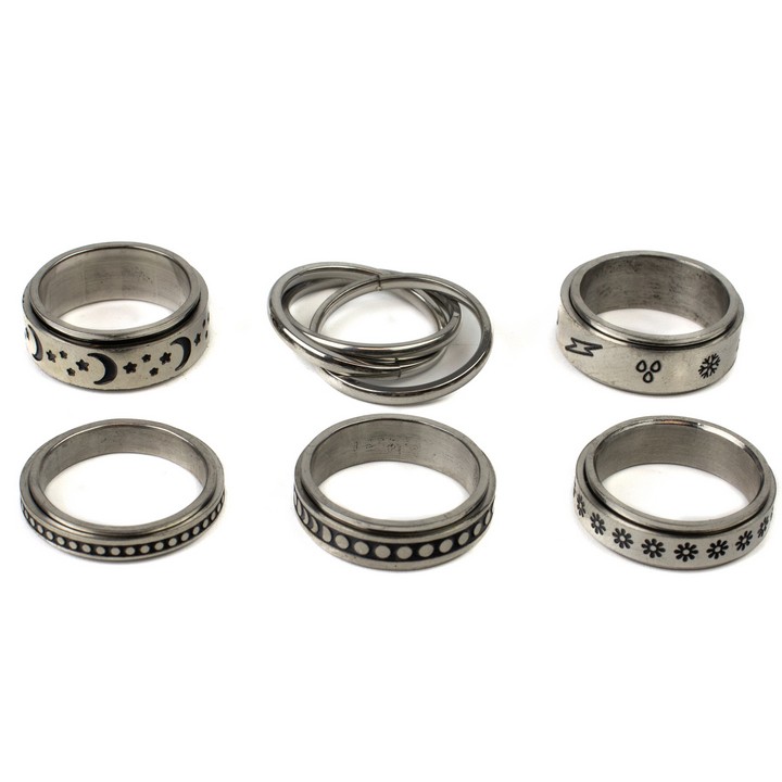 Selection of Six Metal Patterned Spinner Band Rings, Size N½, total weight 28.3g (VAT Only Payable on Buyers Premium)