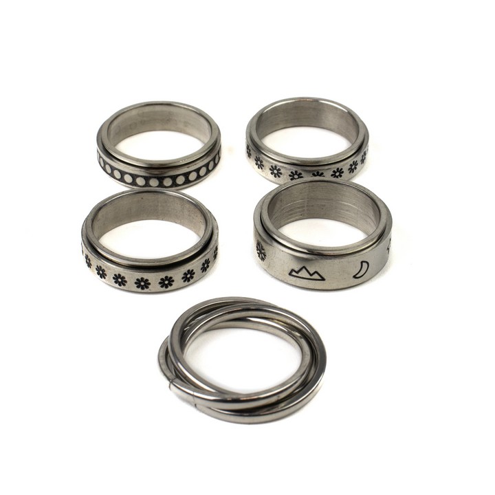 Selection of Five Metal Patterned Spinner Band Rings, Size N½, total weight 23.9g (VAT Only Payable on Buyers Premium)