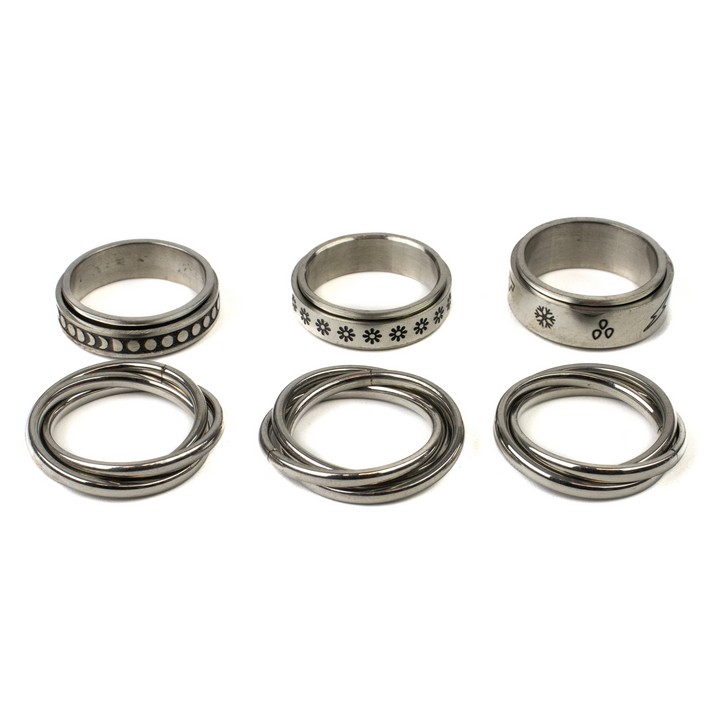 Selection of Six Metal Patterned Spinner Band Rings, Size N½, total weight 27.4g (VAT Only Payable on Buyers Premium)