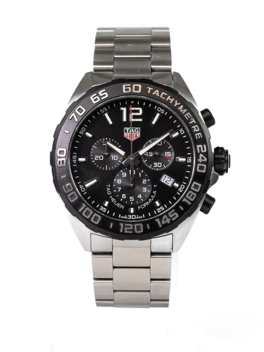 TAG Heuer Formula 1 Quartz Watch
Ref: CAZ1010
Year: 2022
Size: 43mm
Case: Stainless Steel Case with Stainless Steel Fixed 'Tachymeter' Bezel, Black Dial with Chronograph Function and Date Indicator
B