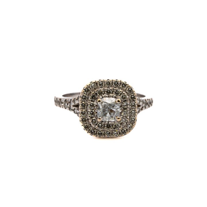 18ct White Gold 0.25ct Lab Grown Diamond Cushion-cut with Pavé Double Halo and Shoulders Ring, Size L½. 4.8g.  Auction Guide: £350-£450 (VAT Only Payable on Buyers Premium)
