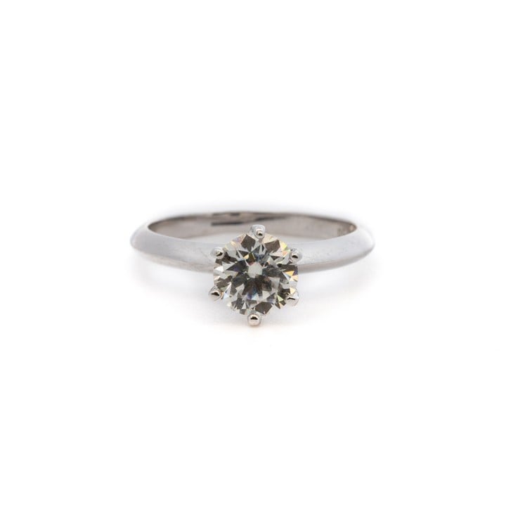 18K White 1.00ct Moissanite Round-cut Solitaire Ring, Size L½, 2.1g.  Laser Mark GMA 929748.  Auction Guide: £150-£200 (VAT Only Payable on Buyers Premium)