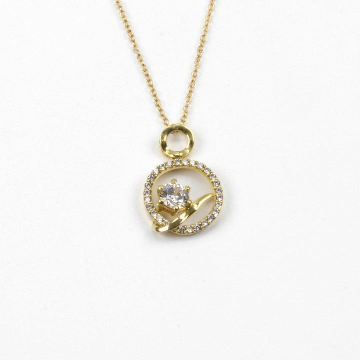 Silver Yellow Gold Plated Clear Round Faceted Stone with Clear Stone Halo Circle Pendant, 2.2cm and Chain, 45cm, 2.9g