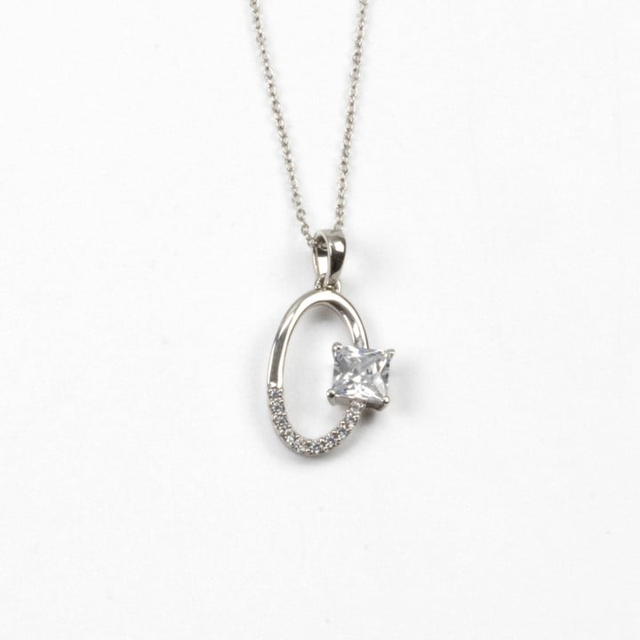 Silver Clear Square Faceted Stone Half Halo Clear Stone Pavé Oval Pendant, 2.7cm and Chain, 45cm, 3g