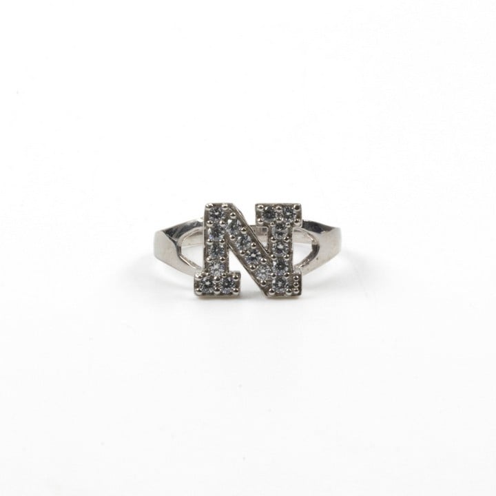 Silver White Stone Pavé Initial N Ring, Size M, 2.6g