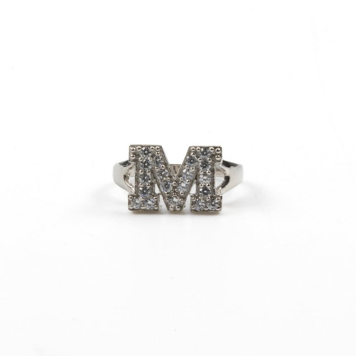 Silver White Stone Pavé Initial M Ring, Size O½, 2.9g