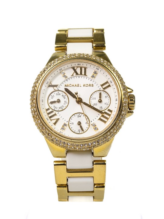 Michael Kors Camille Quartz Watch with Steel and Ceramic Bracelet. White Dial and Clear Stone Bezel. Box, Booklet and Six Spare Links. (Not Currently Running) (VAT Only Payable on Buyers Premium)