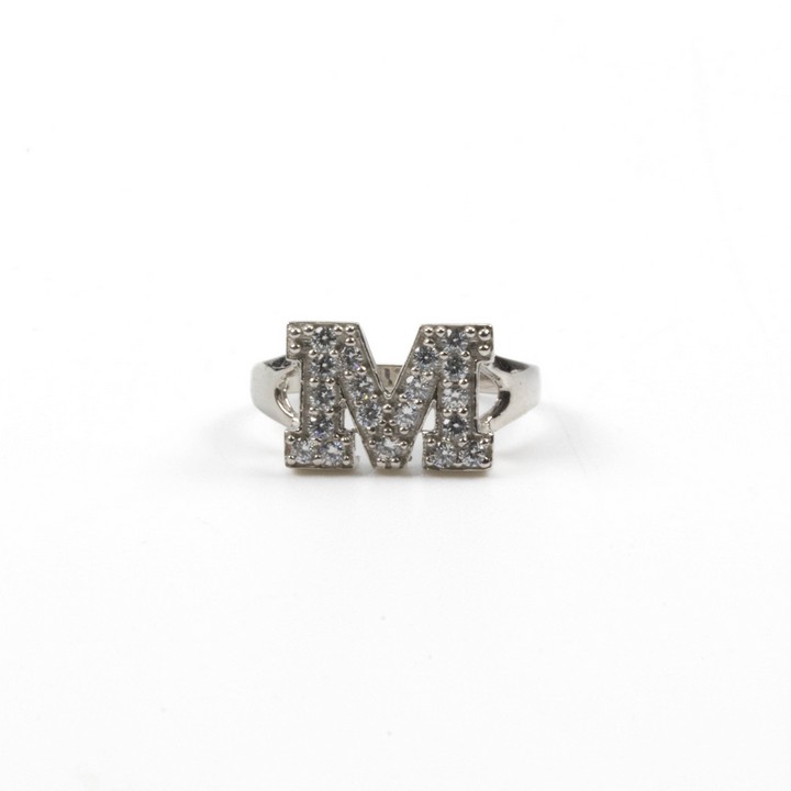 Silver White Stone Pavé Initial M Ring, Size M½, 3g