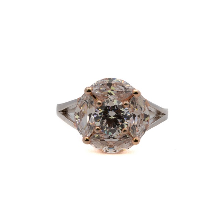 Silver Rose Gold Plated Five CZ Stone Flower Ring, Size N, 4g