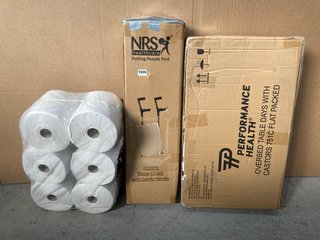 3 X ASSORTED ITEMS TO INCLUDE PACK OF 6 LARGE WHITE HYGIENE ROLLS , PERFORMANCE HEALTH OVER BED TABLE DAYS WITH CASTORS: LOCATION - D17