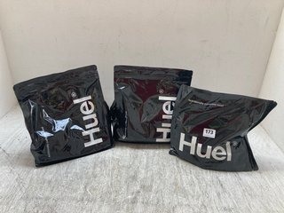 3 X ASSORTED FLAVOUR HUEL NUTRITIONALLY COMPLETE POWDER FOOD SUPPLEMENT PACKS BB: 06/25: LOCATION - A7