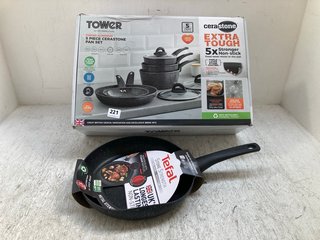 TOWER FORGED ALUMINIUM 5 PIECE CERASTONE PAN SET TO INCLUDE TEFAL STONE STRENGTH NON STICK FRYING PAN: LOCATION - A9